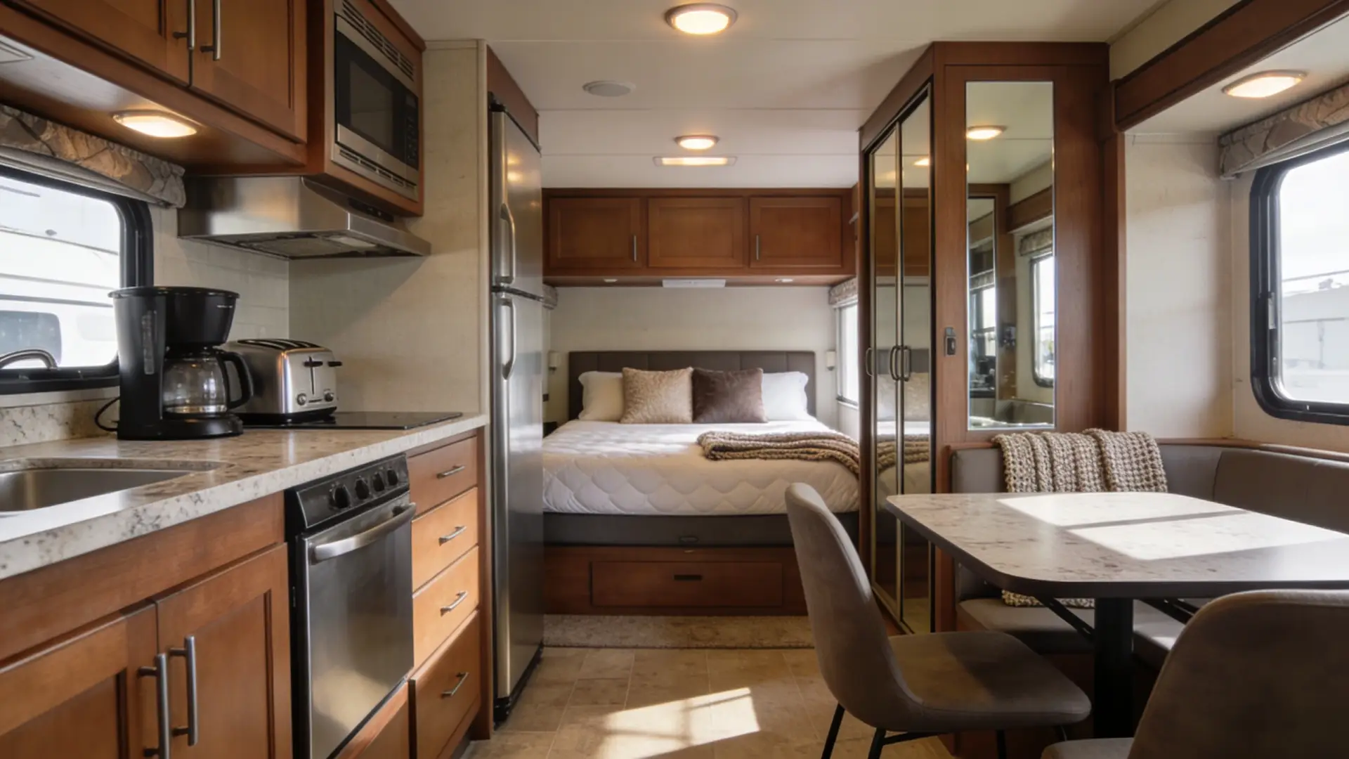 RV interior kitchen and bedding - Interior Comfort and Convenience Items