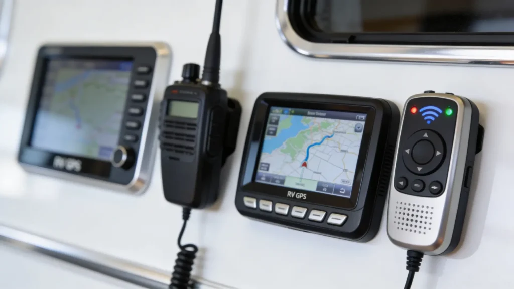 RV GPS unit and communication equipment for safe navigation and roadside connectivity.